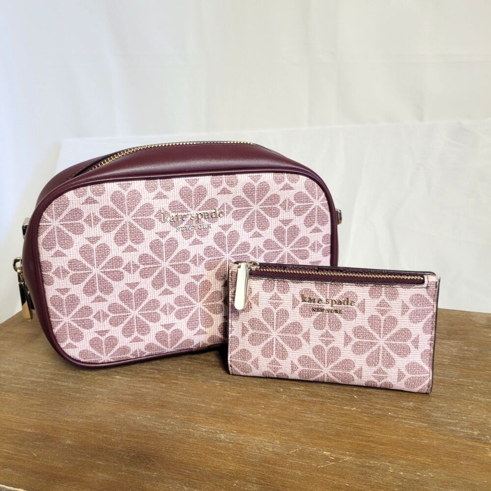 Kate Spade Flower Coated Canvas Infinite Camera Bag & Wallet Pink Multi Burgundy